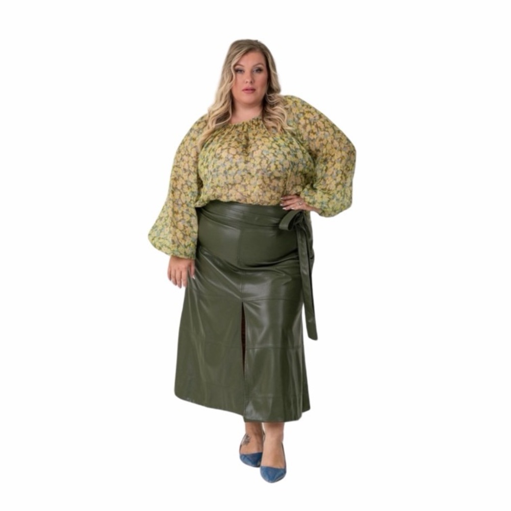 Tanya Taylor Olive Green Faux Vegan Leather Hudson Midi Skirt Tie Belt Size 16